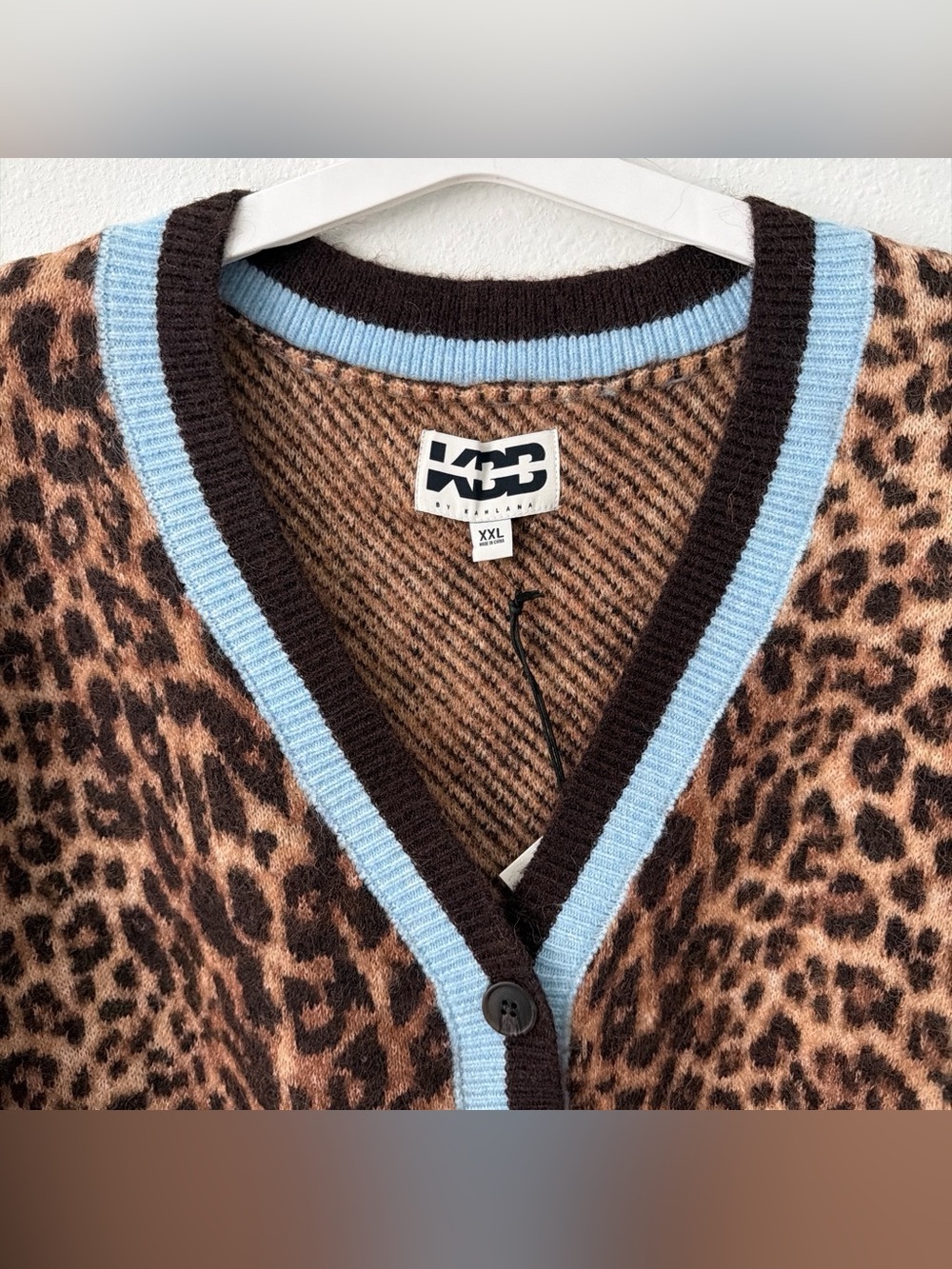 KBB Leopard Print Cardigan with Blue Trim - Women Sweater - Picture 2 of 6